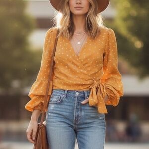 Wrap Top Fall Colors Tie Front Bell Shape Cuffs Size M